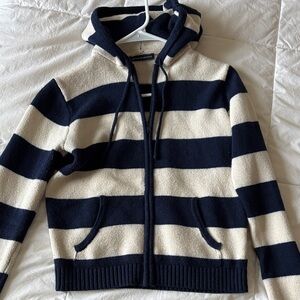 Brandy Melville Striped Navy Blue and Cream Zip-Up Hoodie